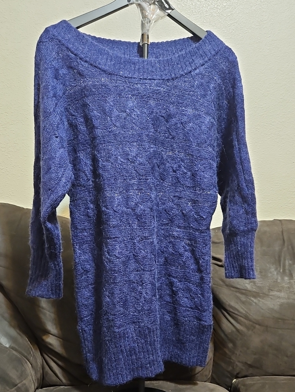 Calvin Klein Wool And Mohair Blend Navy Blue Cable-Knit Scoop Neck Sweater